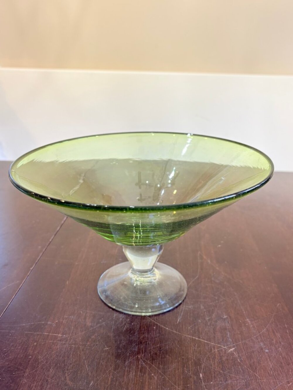 Vintage Green Glass Compote Pedestal Bowl 8.5 Inch